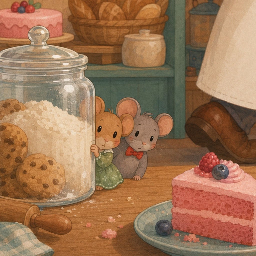 town mouse and country mouse story - the two mouse cousins hiding behind a jar in the busy bakery