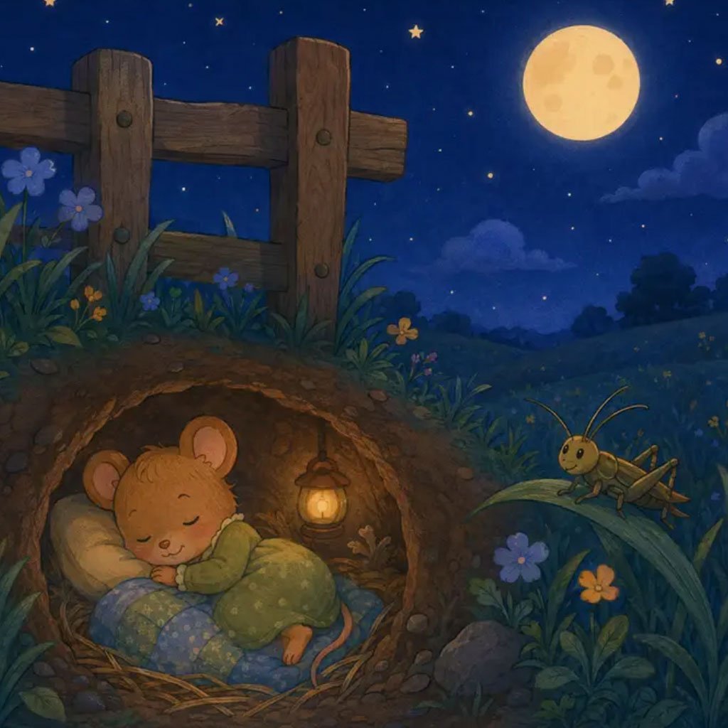 town mouse and country mouse story - Sorrel asleep in her cozy home under the moon
