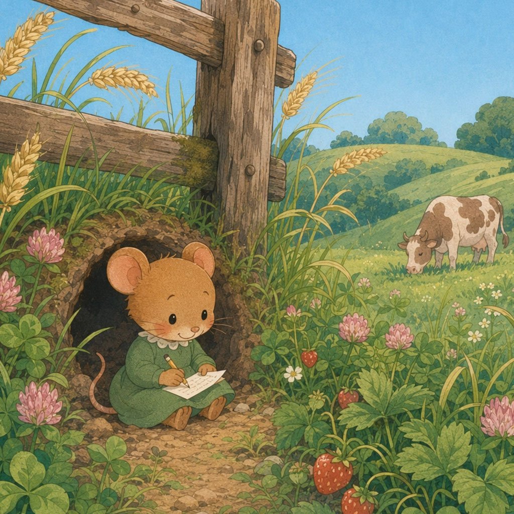 town mouse and country mouse story - Sorrel the country mouse writing a letter by her home in the field