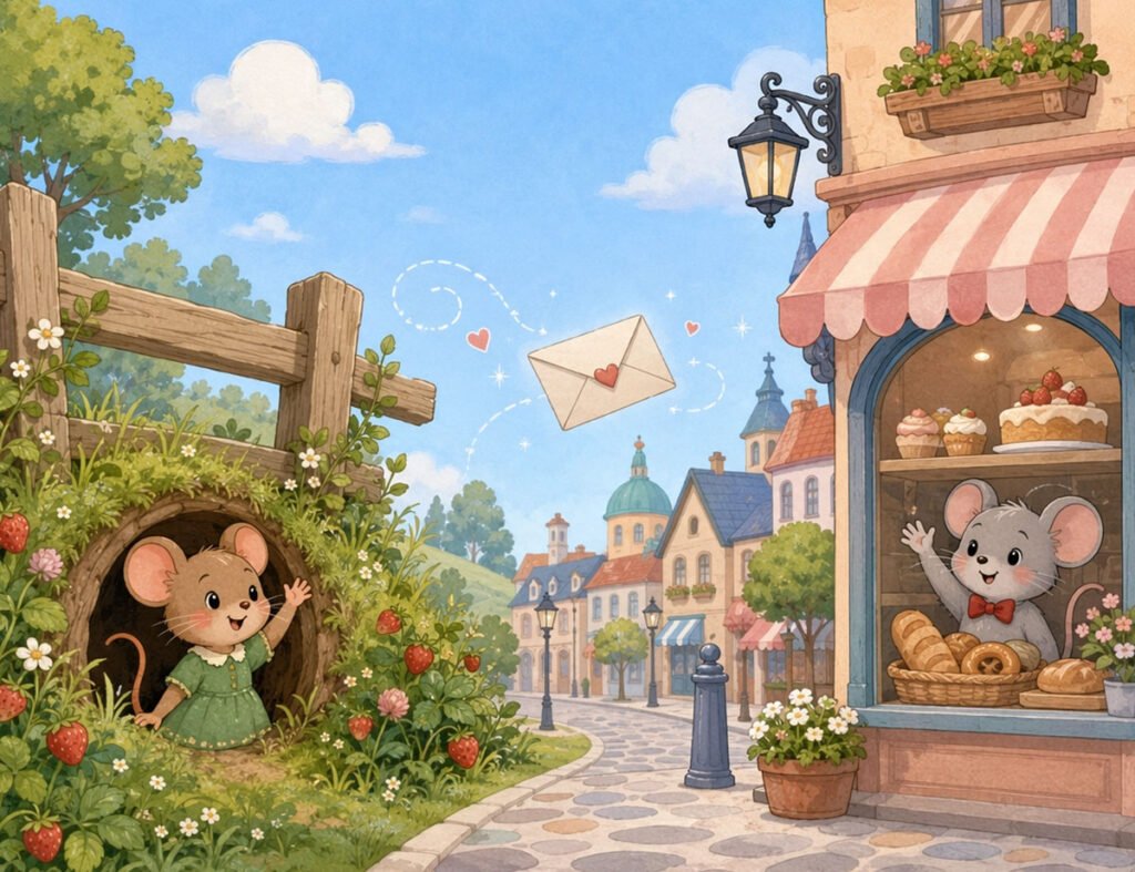 town mouse and country mouse story - Sorrel the country mouse and Fitz the town mouse waving to each other