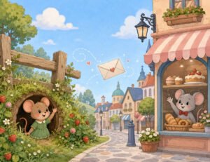town mouse and country mouse story - Sorrel the country mouse and Fitz the town mouse waving to each other