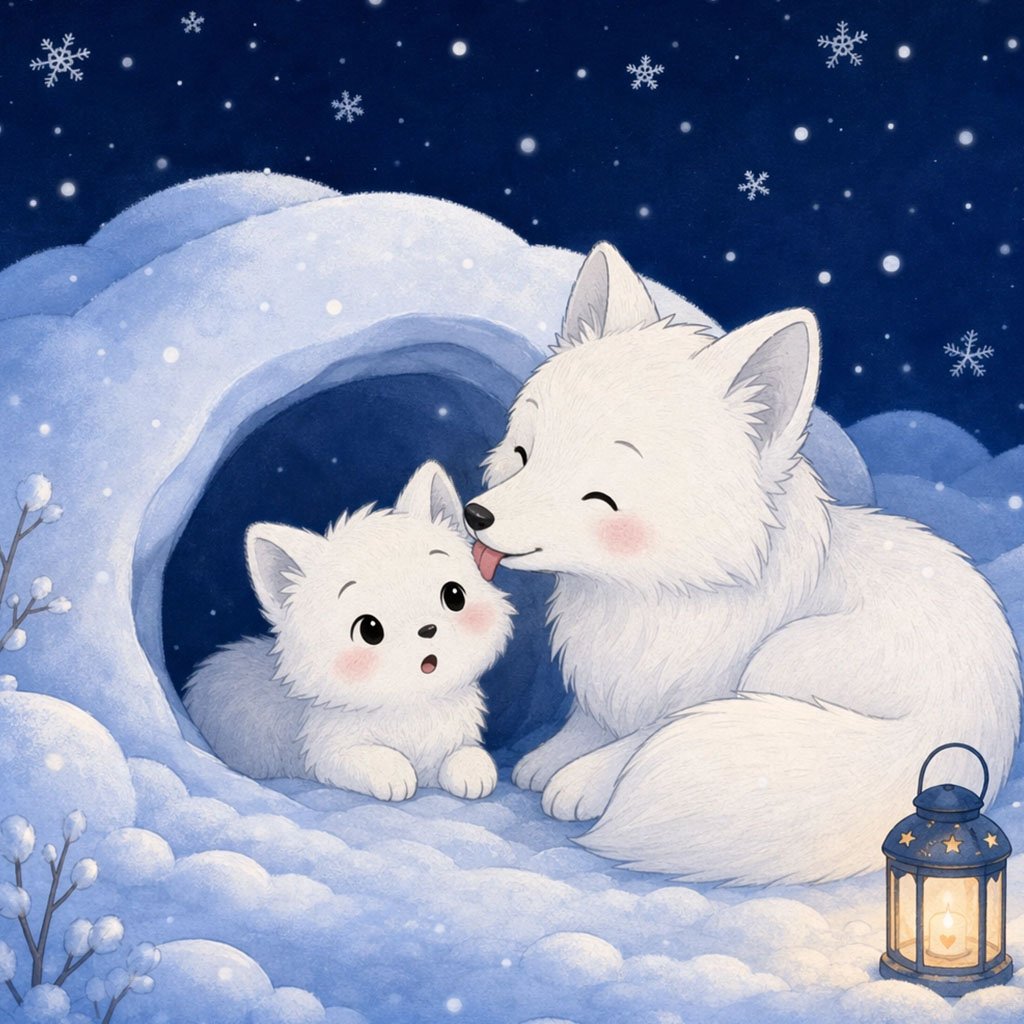 winter bedtime story - Flurry the fox kit seeing snow for the first time from her den