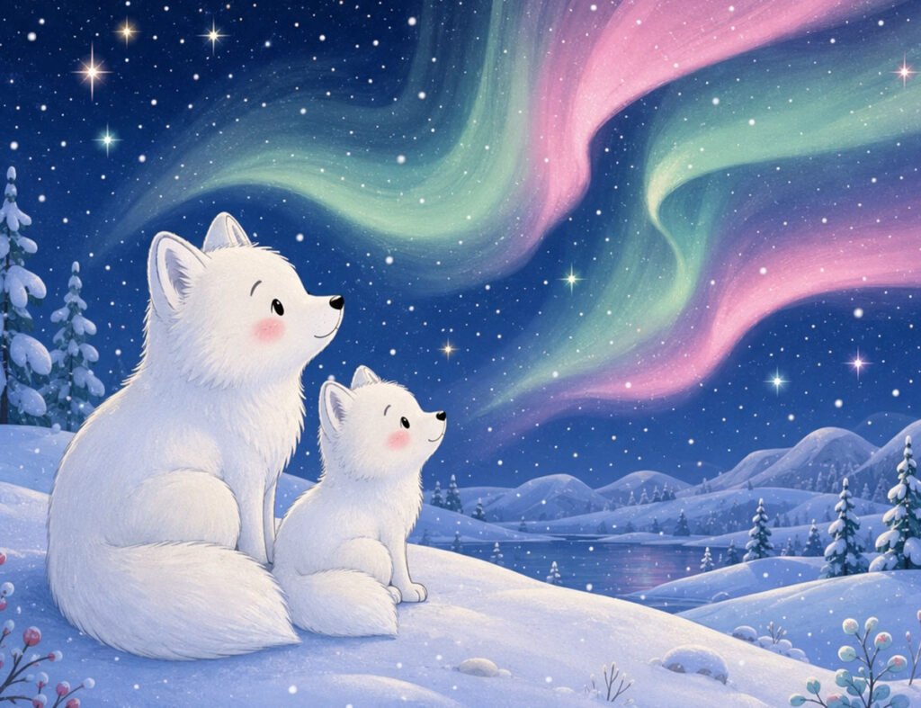 winter bedtime story - Flurry the arctic fox and her mama watching the northern lights