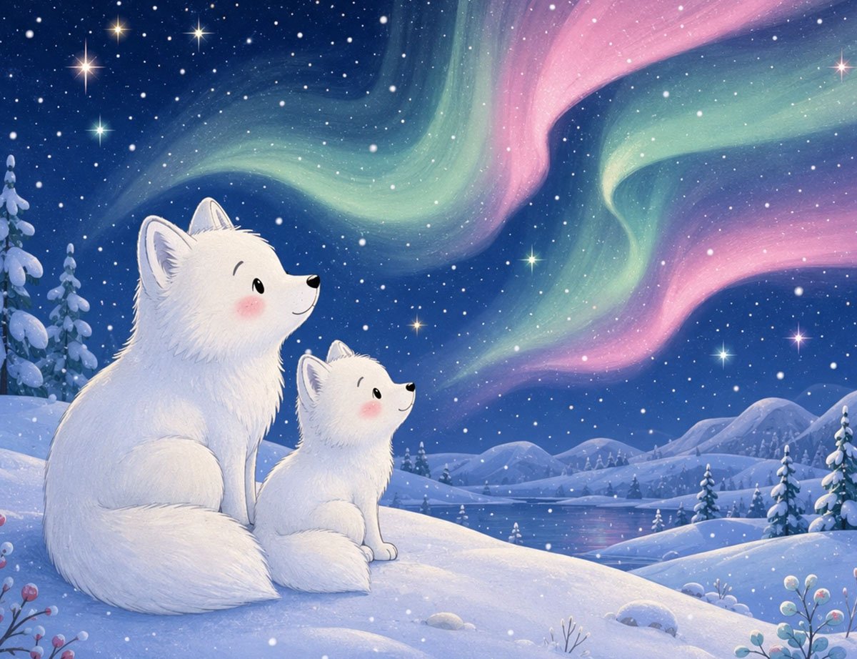 winter bedtime story - Flurry the arctic fox and her mama watching the northern lights