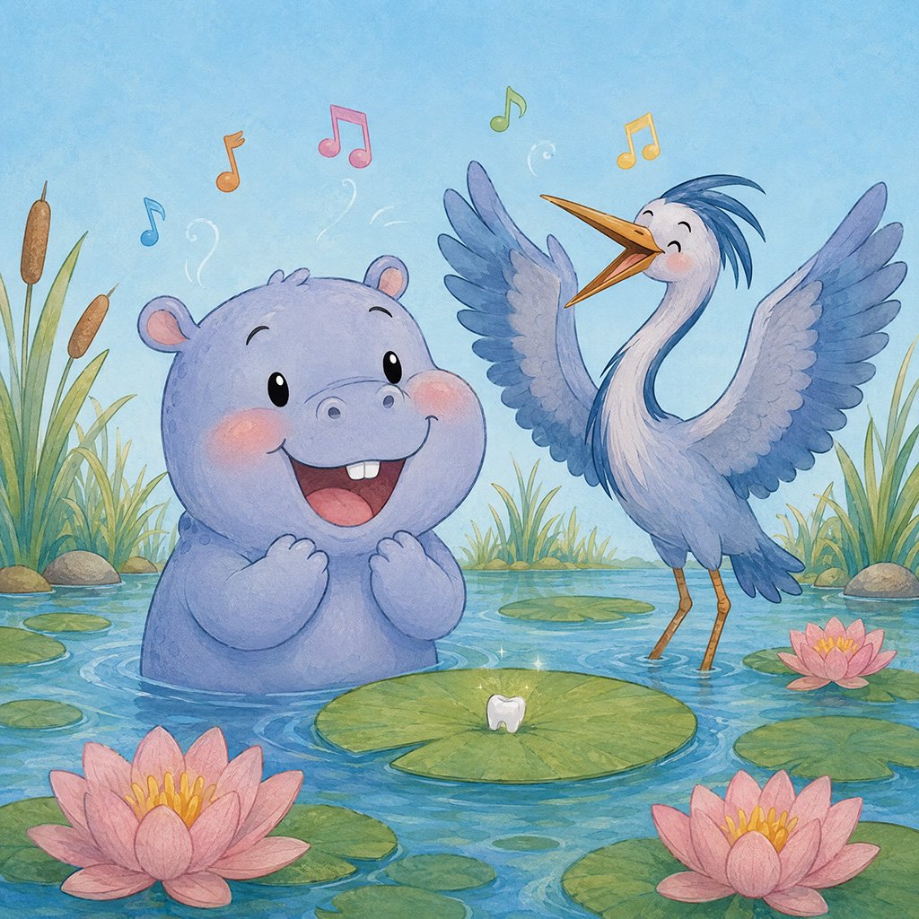 losing a tooth bedtime story - Pudding the hippo whistling through his new tooth gap