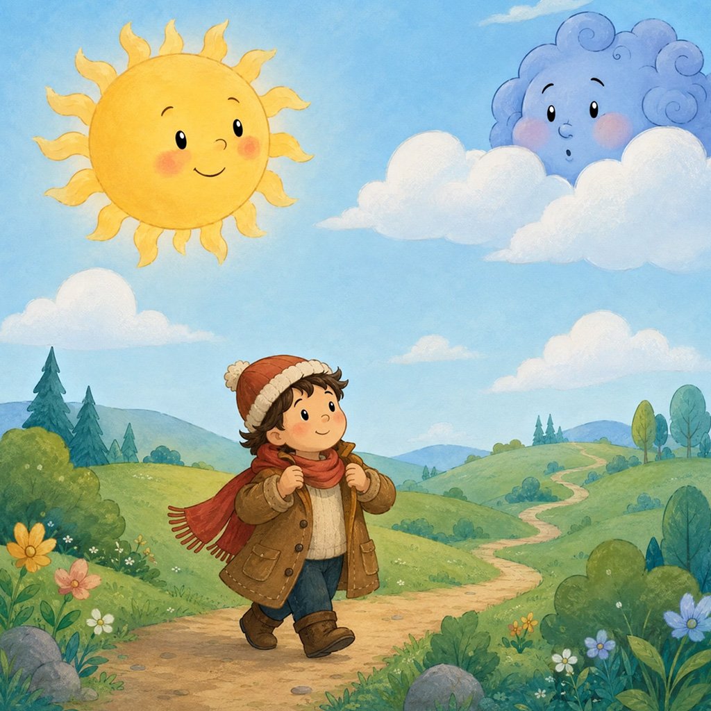 north wind and the sun story - the warm Sun shining as the traveler loosens his scarf